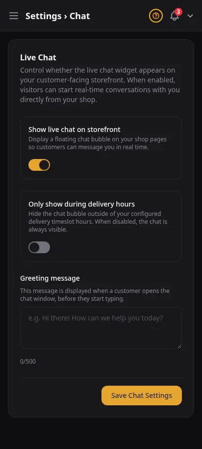 ตั้งค่าแชทสด DabDash แสดงข้อความทักทาย เวลาทำการ และตัวควบคุมการเปิดใช้ — mobile view