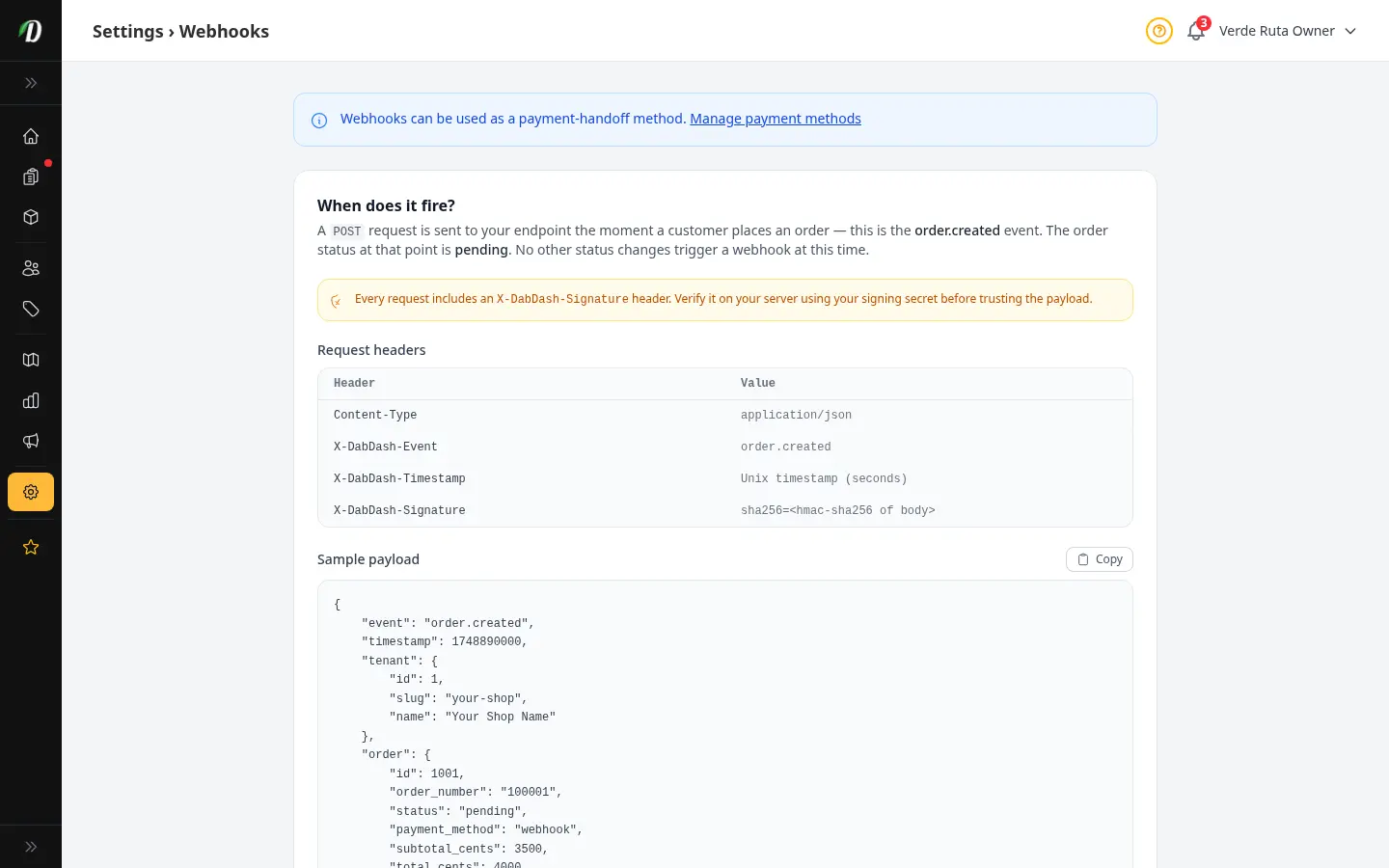 DabDash Webhooks settings page showing endpoint URL, active toggle, signing secret, test webhook button, and custom headers section