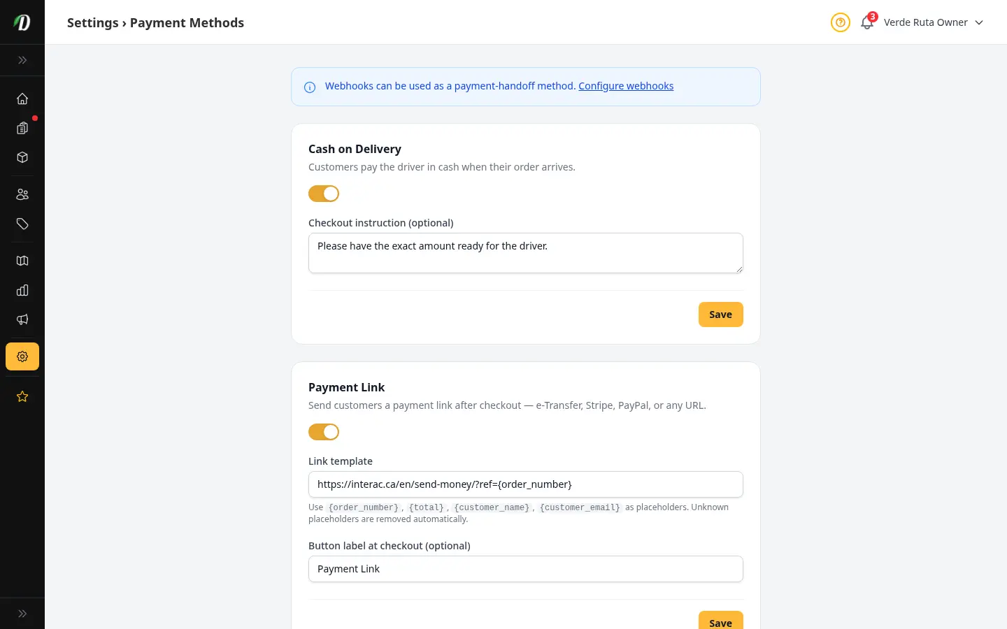 DabDash Payment Methods settings page showing four method cards: Cash on Delivery, Payment Link, QR Code, and CRM/Webhook handoff