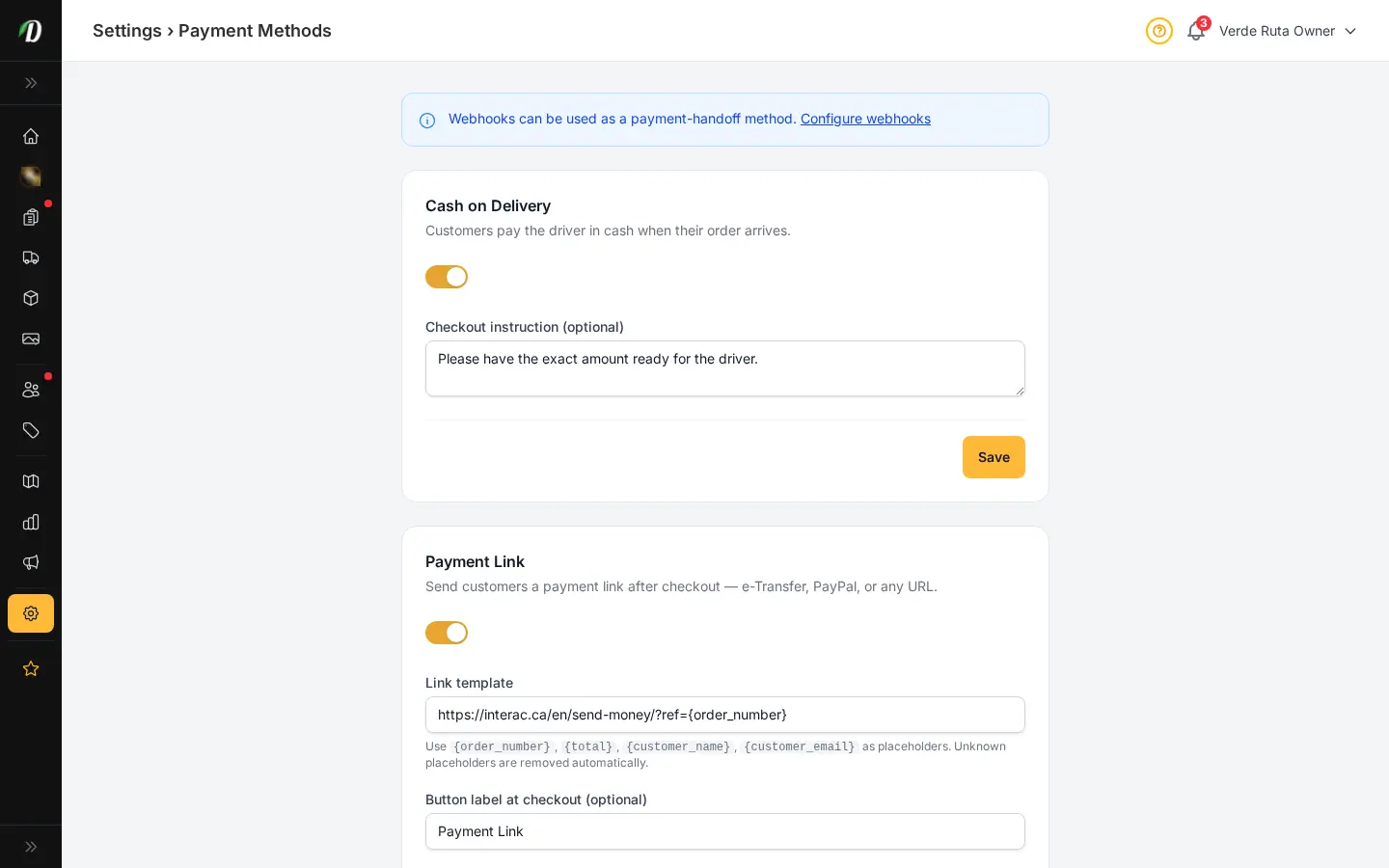 หน้าวิธีชำระเงิน DabDash แสดงตัวเลือกเก็บปลายทาง ลิงก์ QR webhook และคริปโต