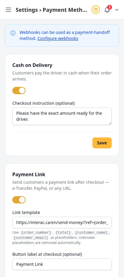 หน้าวิธีชำระเงิน DabDash แสดงตัวเลือกเก็บปลายทาง ลิงก์ QR webhook และคริปโต