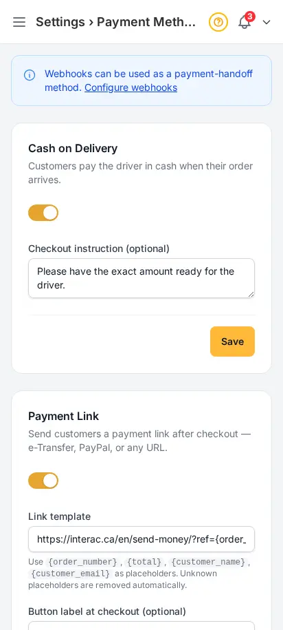 หน้าวิธีชำระเงิน DabDash แสดงตัวเลือกเก็บปลายทาง ลิงก์ QR webhook และคริปโต
