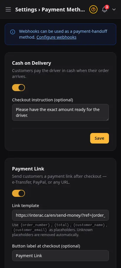 หน้าวิธีชำระเงิน DabDash แสดงตัวเลือกเก็บปลายทาง ลิงก์ QR webhook และคริปโต