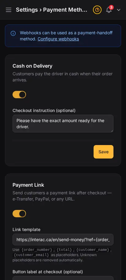 หน้าวิธีชำระเงิน DabDash แสดงตัวเลือกเก็บปลายทาง ลิงก์ QR webhook และคริปโต