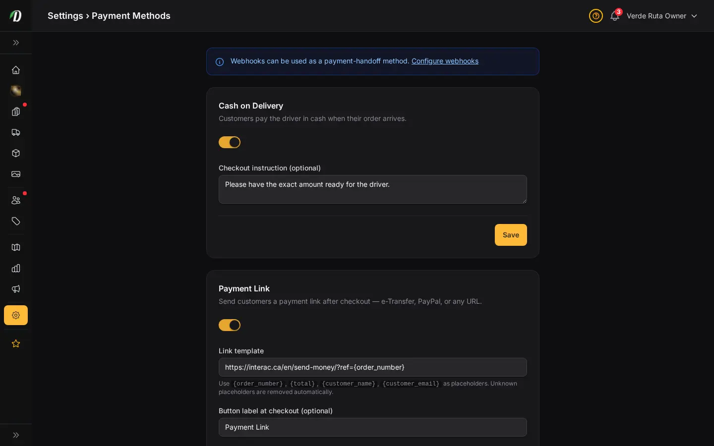 หน้าวิธีชำระเงิน DabDash แสดงตัวเลือกเก็บปลายทาง ลิงก์ QR webhook และคริปโต