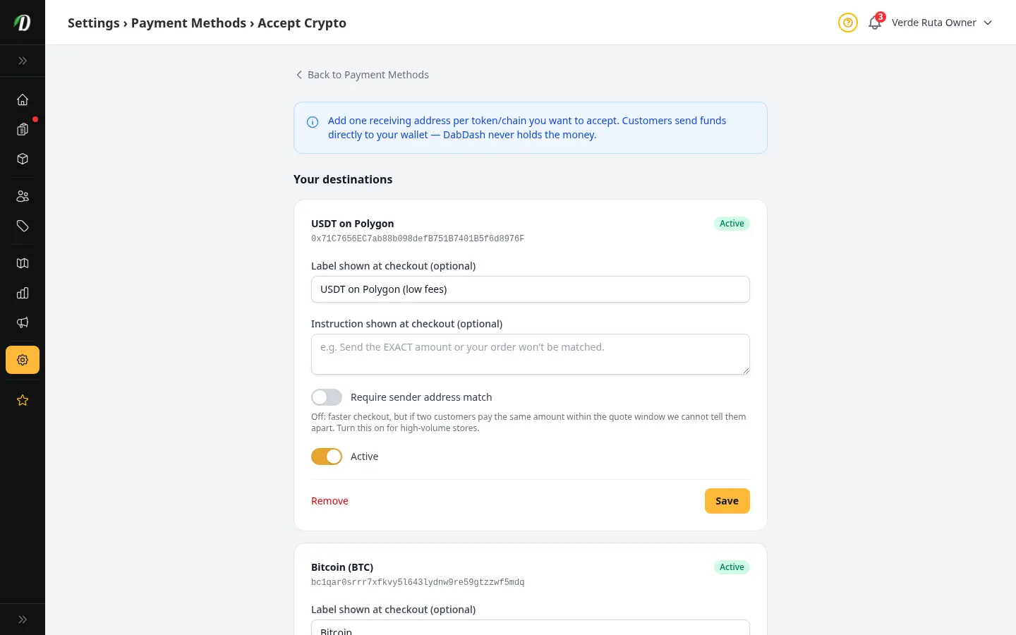 DabDash Accept Crypto settings page showing network dropdown, receiving address field, and sender-match toggle