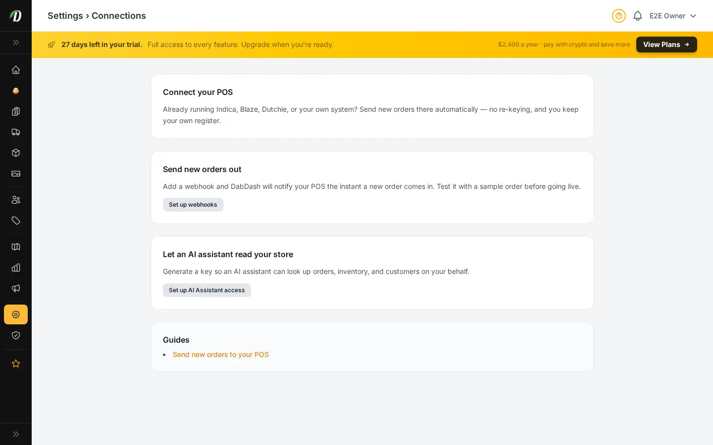 Connections settings page with cards for sending orders to a POS and giving an AI assistant access to store data