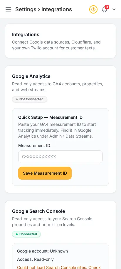 หน้าการเชื่อมต่อ DabDash แสดงการเชื่อม Google Analytics Search Console และ Cloudflare