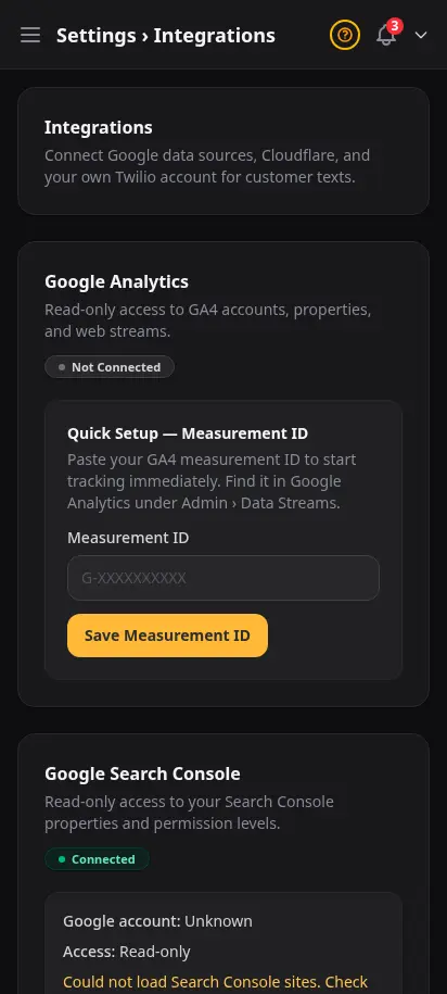หน้าการเชื่อมต่อ DabDash แสดงการเชื่อม Google Analytics Search Console และ Cloudflare