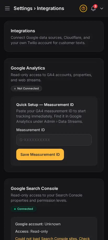 หน้าการเชื่อมต่อ DabDash แสดงการเชื่อม Google Analytics Search Console และ Cloudflare