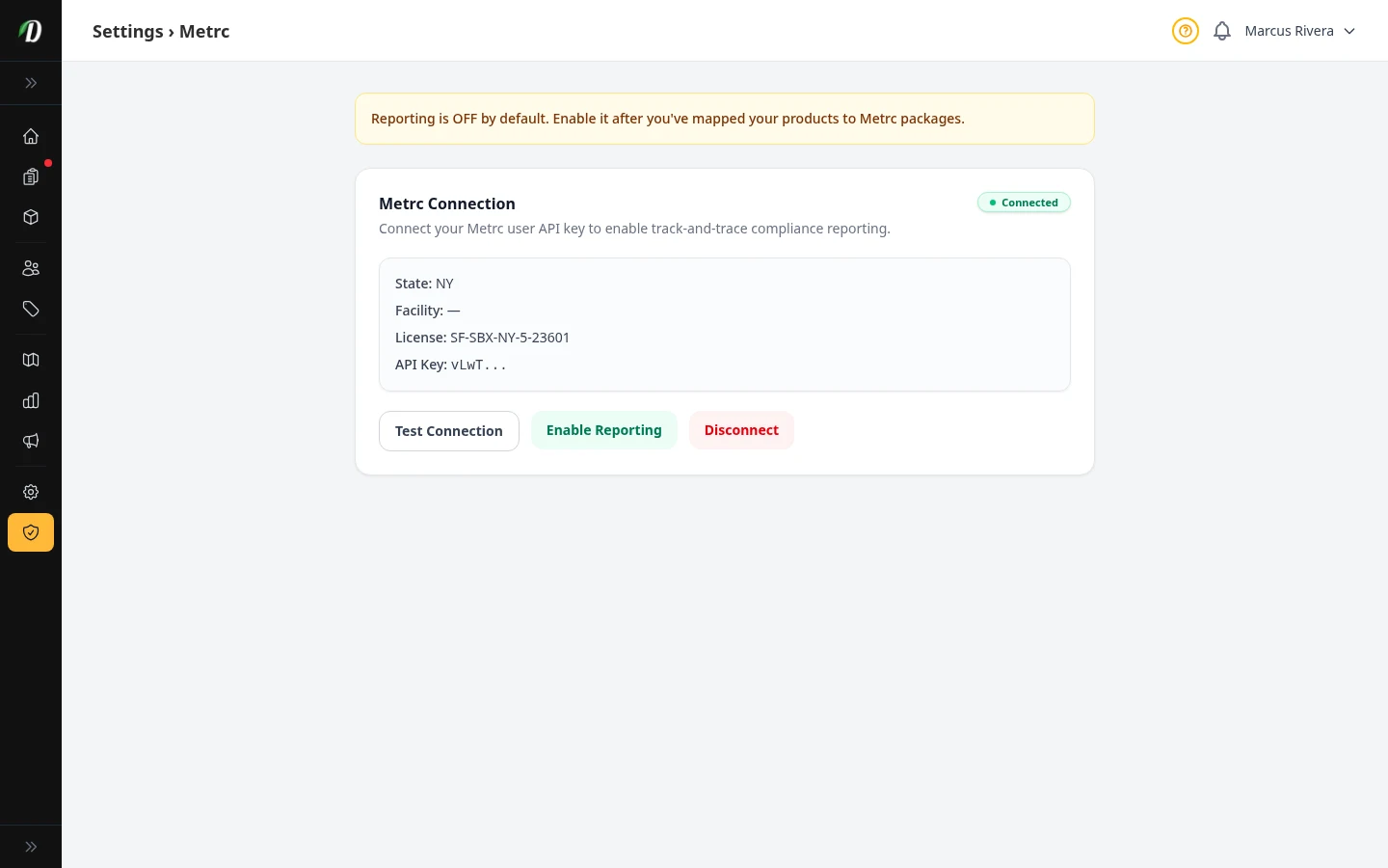 DabDash Metrc settings page with API key connection fields
