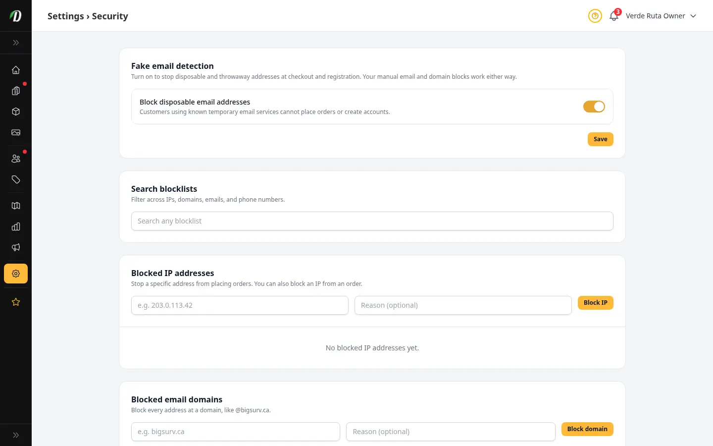 หน้าความปลอดภัย DabDash แสดงการบล็อกอีเมลชั่วคราวและบัญชีดำ IP โดเมน อีเมล และเบอร์โทร