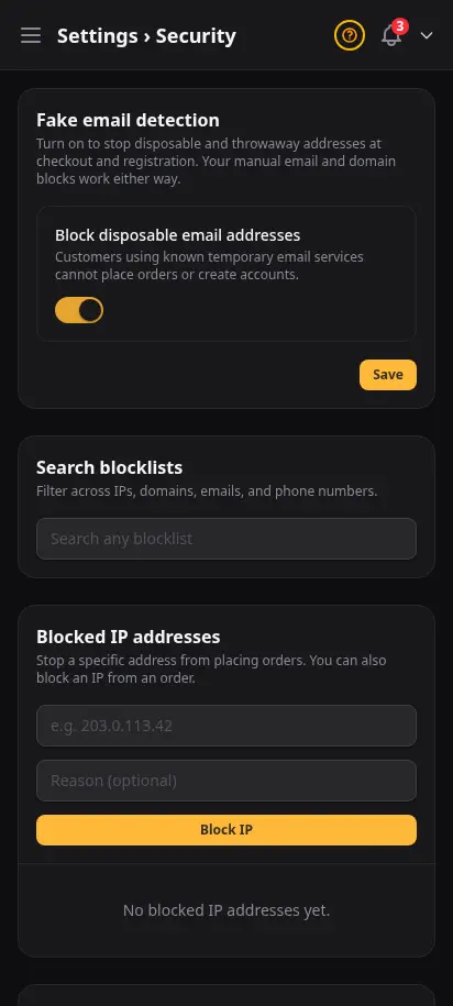 หน้าความปลอดภัย DabDash แสดงการบล็อกอีเมลชั่วคราวและบัญชีดำ IP โดเมน อีเมล และเบอร์โทร