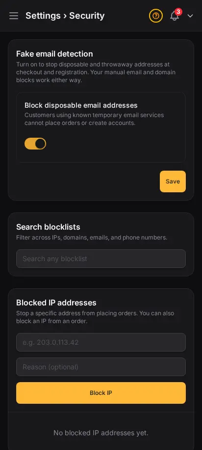 หน้าความปลอดภัย DabDash แสดงการบล็อกอีเมลชั่วคราวและบัญชีดำ IP โดเมน อีเมล และเบอร์โทร